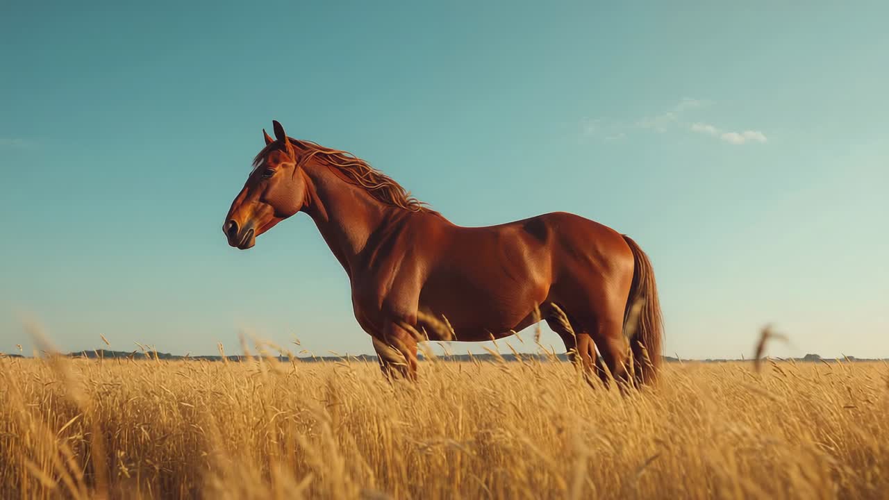 Responding to gentle breeze, chestnut bay horse shifting weight, flicking tail in tall grass field