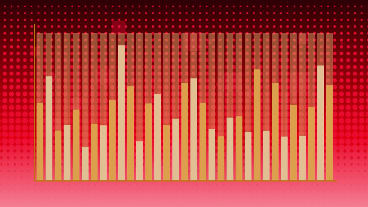 Yellow equalizer bars animate upward on a vibrant red gradient background with halftone pattern overlay