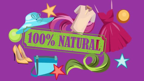 animación de texto natural y accesorios de moda sobre un fondo púrpura