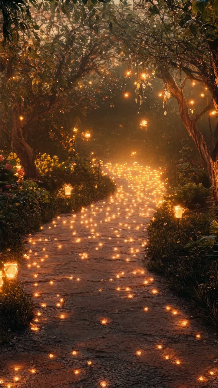 Magical forest path illuminated by glowing lights, captured from a low angle, creating a dreamy