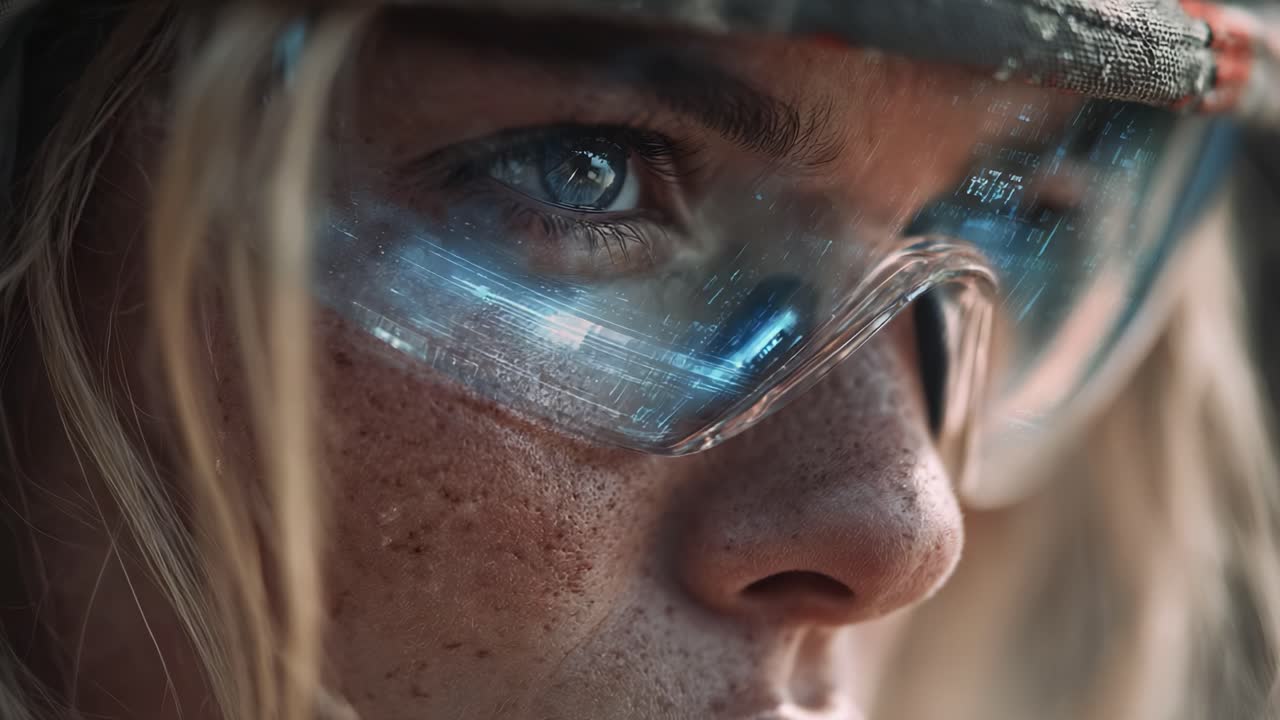 A Close-Up View of a Person Wearing High-Technology Protective Glasses, Showcasing Intense Focus and Determination Amidst a Futuristic Setting