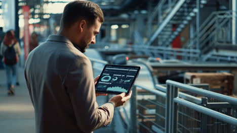 man analyzing data on tablet in an industrial setting