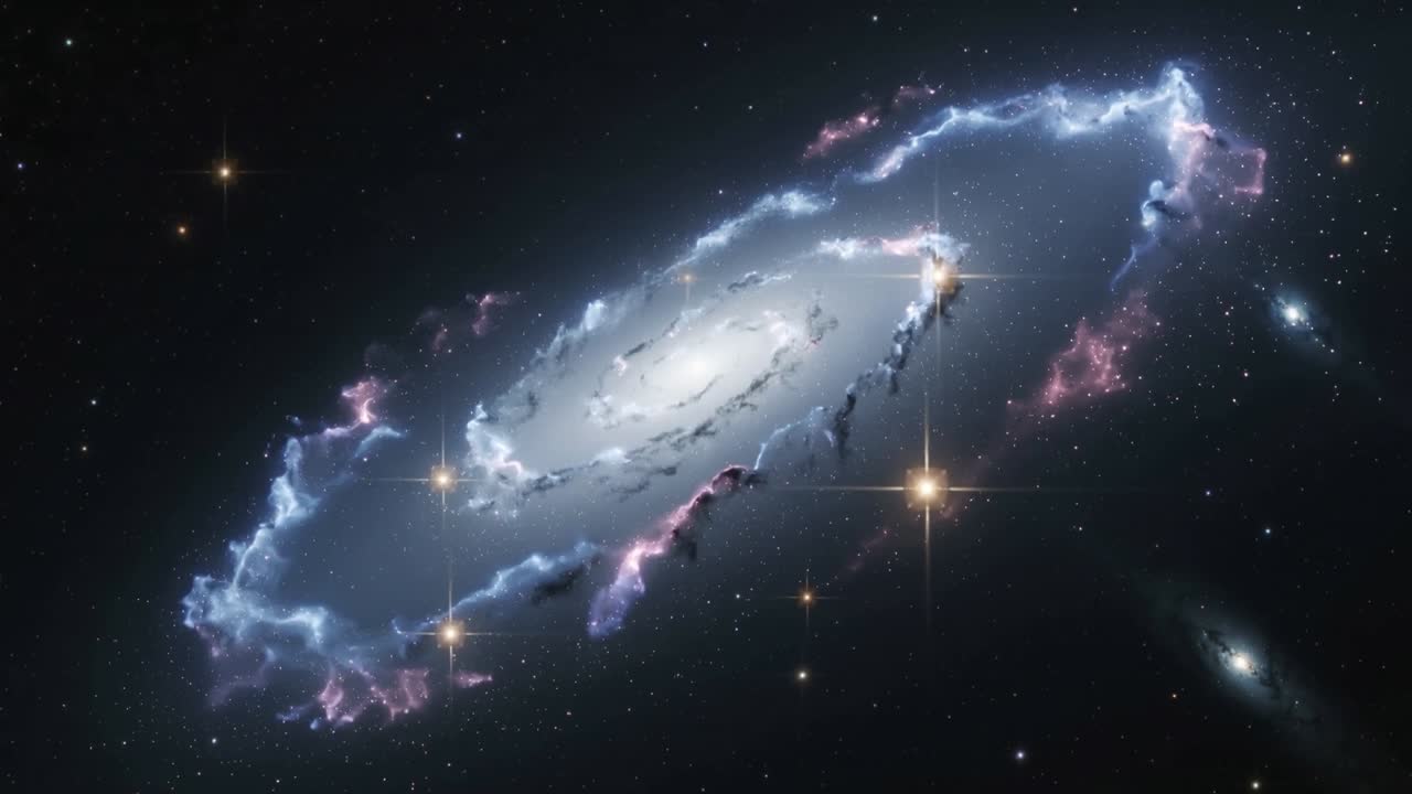 Telescopio che effettua una panoramica su una galassia inclinata, il bordo che brilla, le punte luminose in movimento e un oggetto compagno che appare per l'astronomia