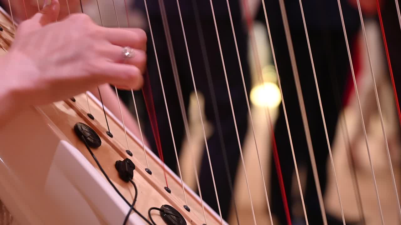 A woman playing the harp with her hands during an event.