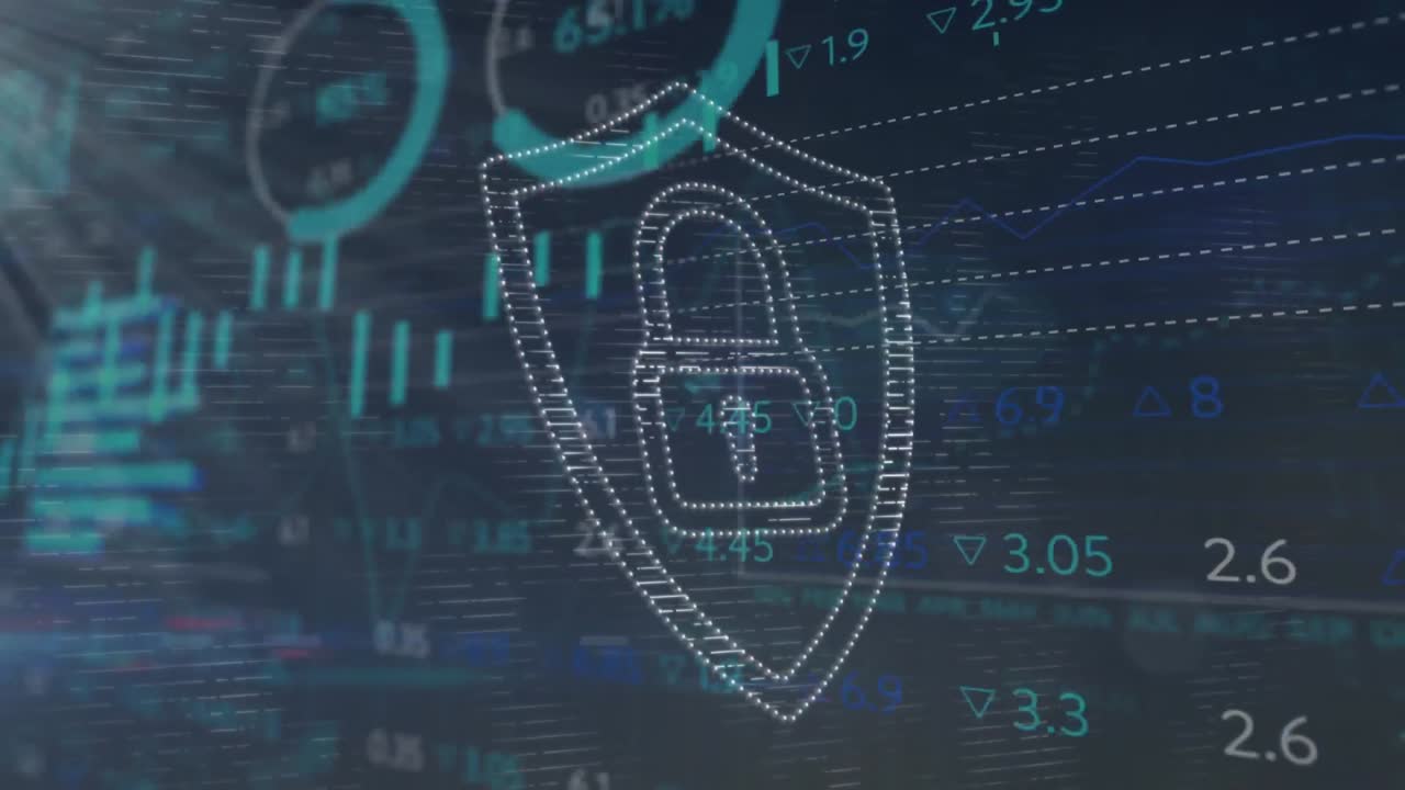 animación del icono del candado de seguridad, punto de luz sobre el mercado de valores y procesamiento de datos estadísticos