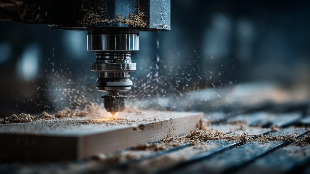 Lavorazione del legno di precisione: primo piano di una fresatrice CNC in azione, che modella e intaglia con dettagli precisi producendo trucioli di legno e scintille