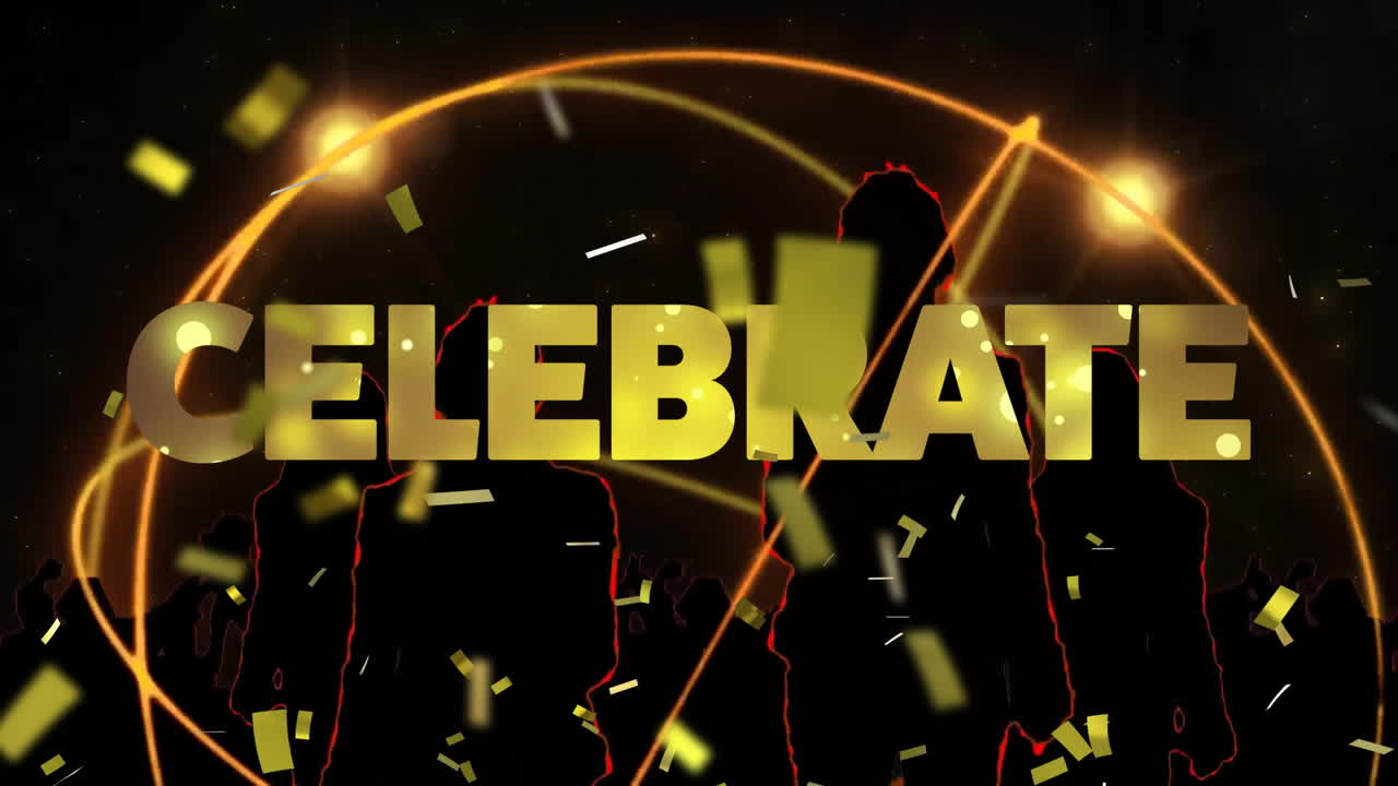 Animazione del testo 'celebrate', mappamondo e coriandoli che cadono su sfondo nero.