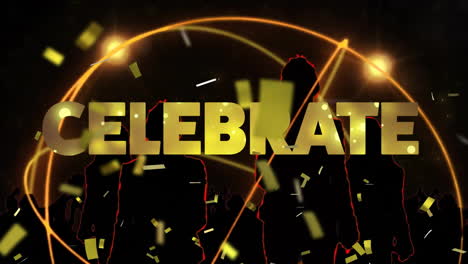 animation of celebrate text, globe and confetti falling on black background