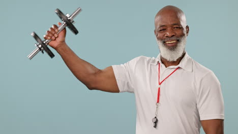 weightlifting, coach and black man with dumbbell