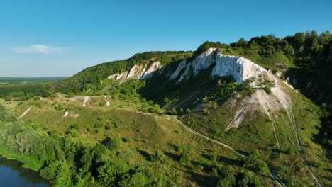 aerial view of scenic hills and cliffs with river and forest