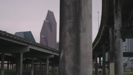 low angle establishing shot of downtown houston