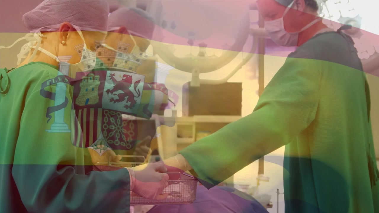 Animation af spansk flag over diverse kirurger med ansigtsmasker
