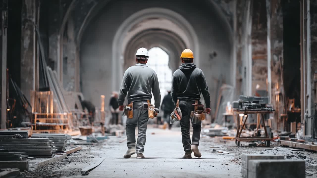 Two construction workers walk through a dimly lit, partially renovated building, showcasing their teamwork and dedication to transforming the space into something new and functional