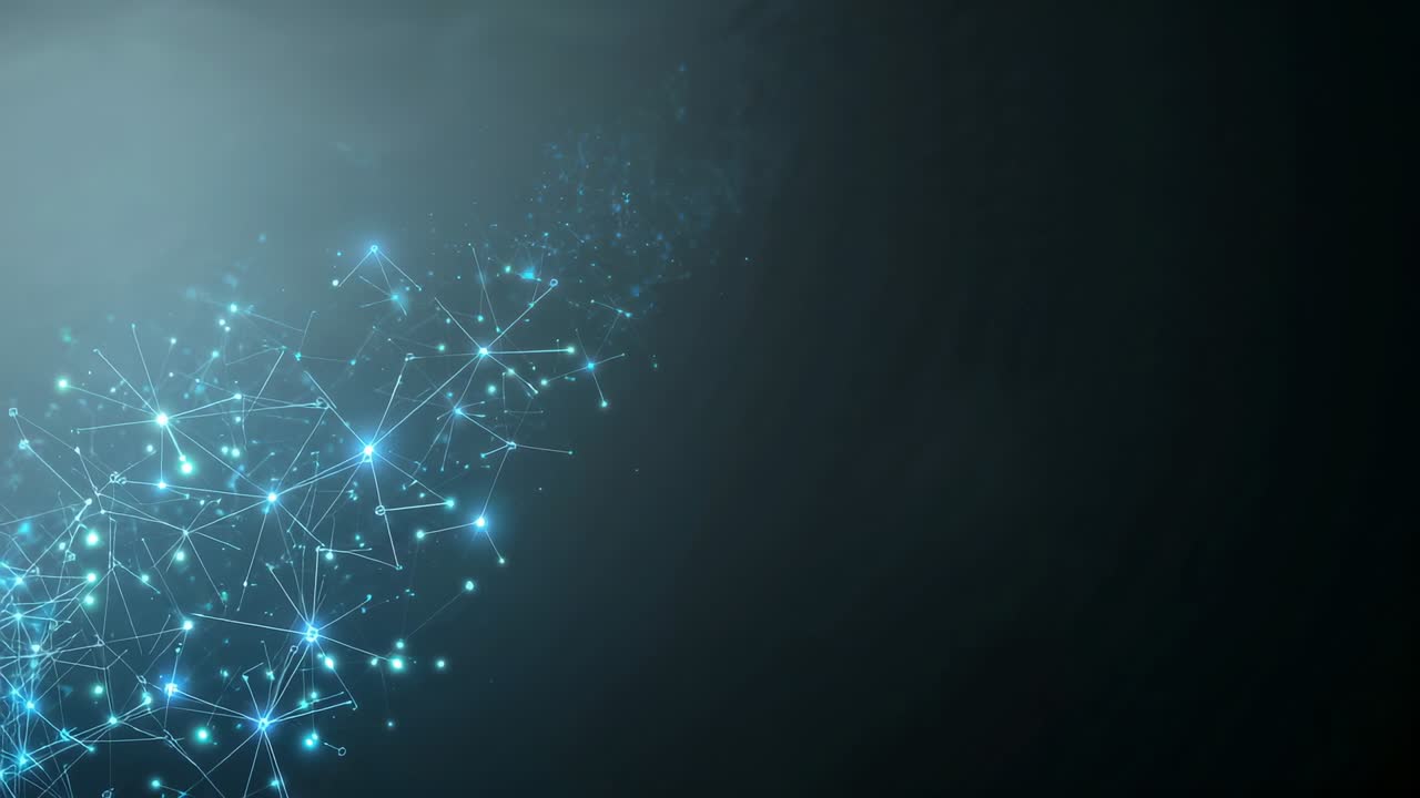 Emerging glow driving network growing across left data space, glowing blue nodes, lines, copy space