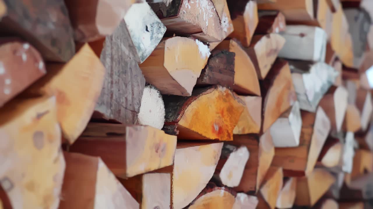 Close-up of a snow-dusted firewood stack in a rustic shed, showing split logs prepared for winter heating—traditional rural homestead life and cold-season readiness
