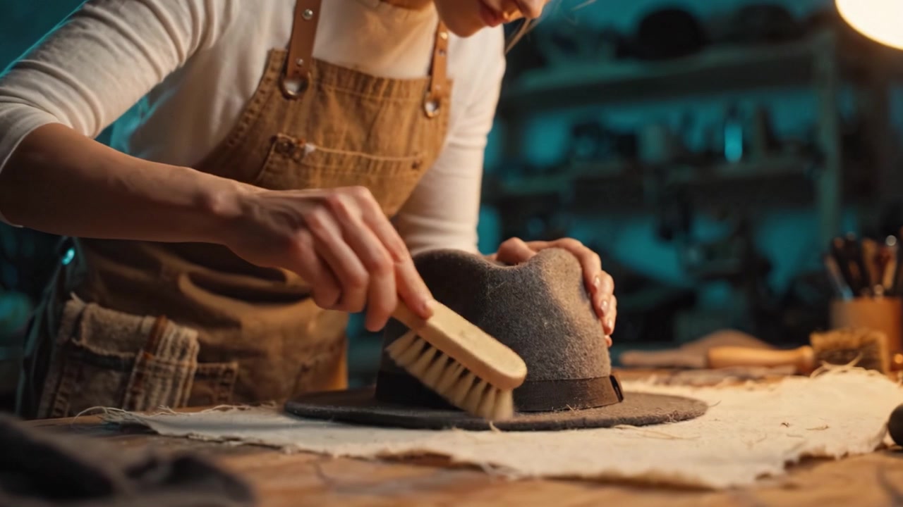 Crafting Elegance: A Skilled Artisan Teaches the Art of Hat Care and Restoration Through Detailed Cleaning Techniques and Personal Touches on a Vintage Felt Hat