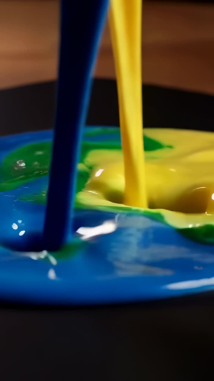 Video verticale: vernici blu, gialle e verdi che scendono formando vortici su un piatto scuro con legno caldo