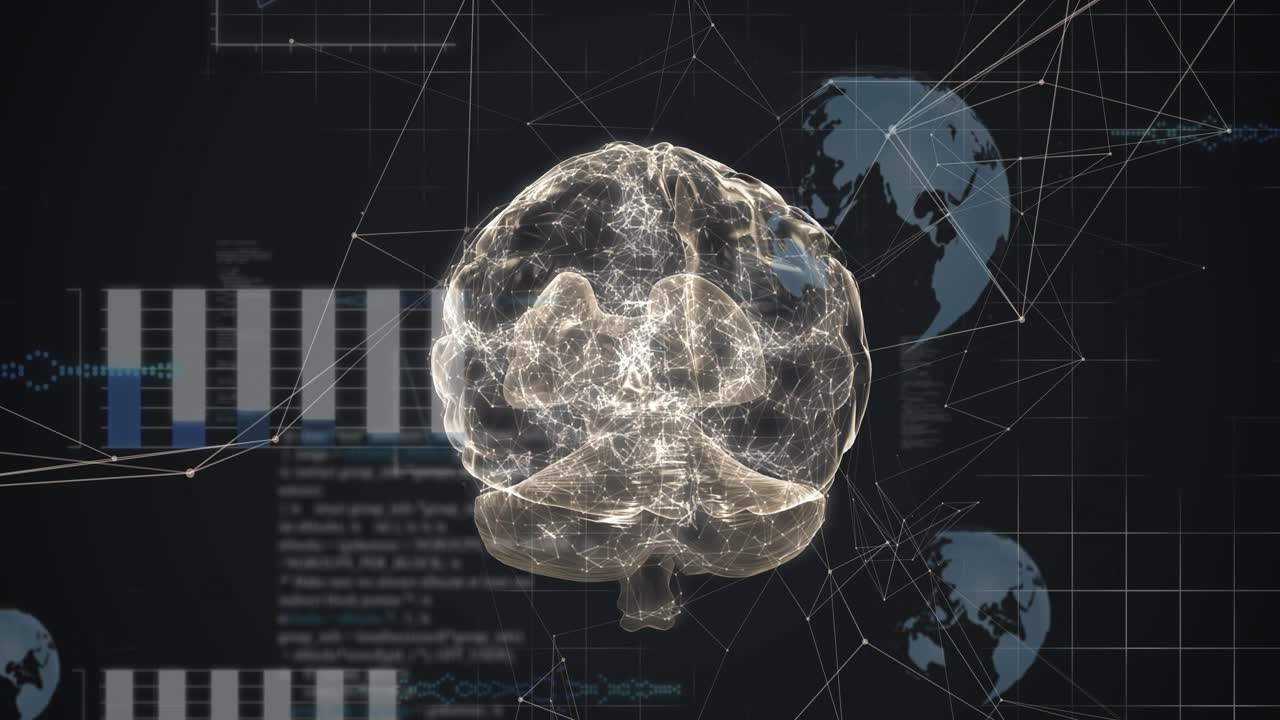 White nodes pulsing starting rotation, 3D brain model spinning as bars adjusting, showing network