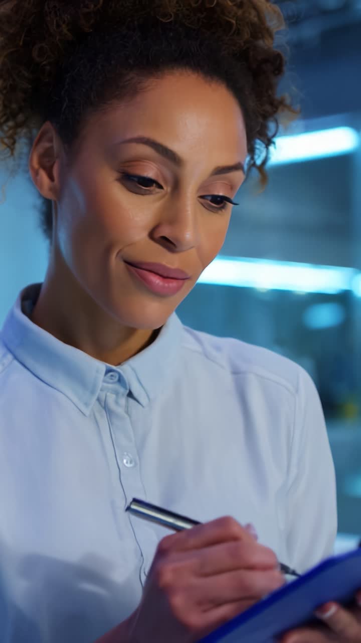Focused Professional Woman Taking Notes in a Modern Office Environment, Engaged in Thoughtful Documentation While Using a Pen on a Clipboard