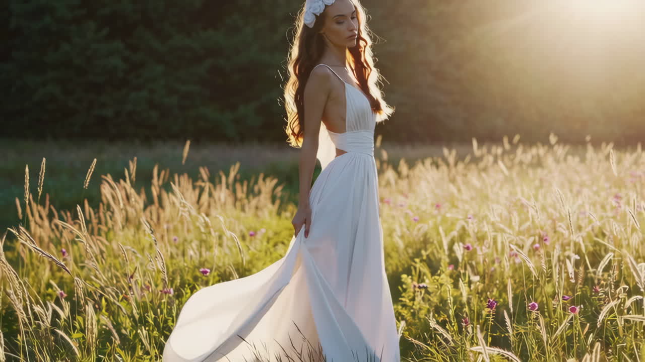 Woman in an Elegant White Dress in a Golden Hour Field