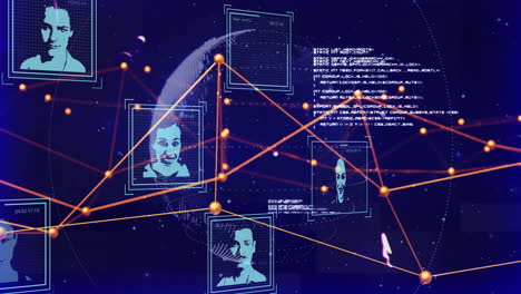 animation of connections and data processing with portraits over globe on black background