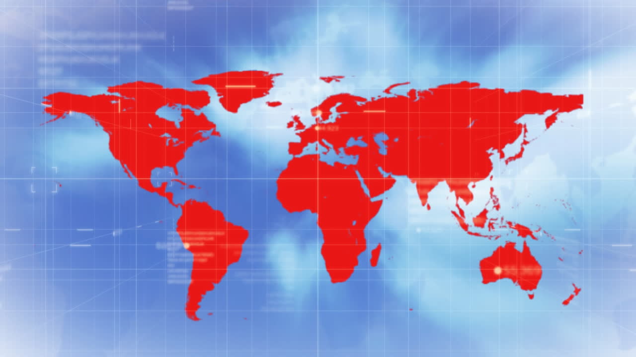 세계 지도 및 데이터 처리에 대한 코로나 세포의 애니메이션