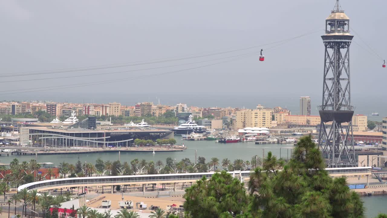 Aerial drone view of boats docked in the Port Vell in Barcelona, Spain