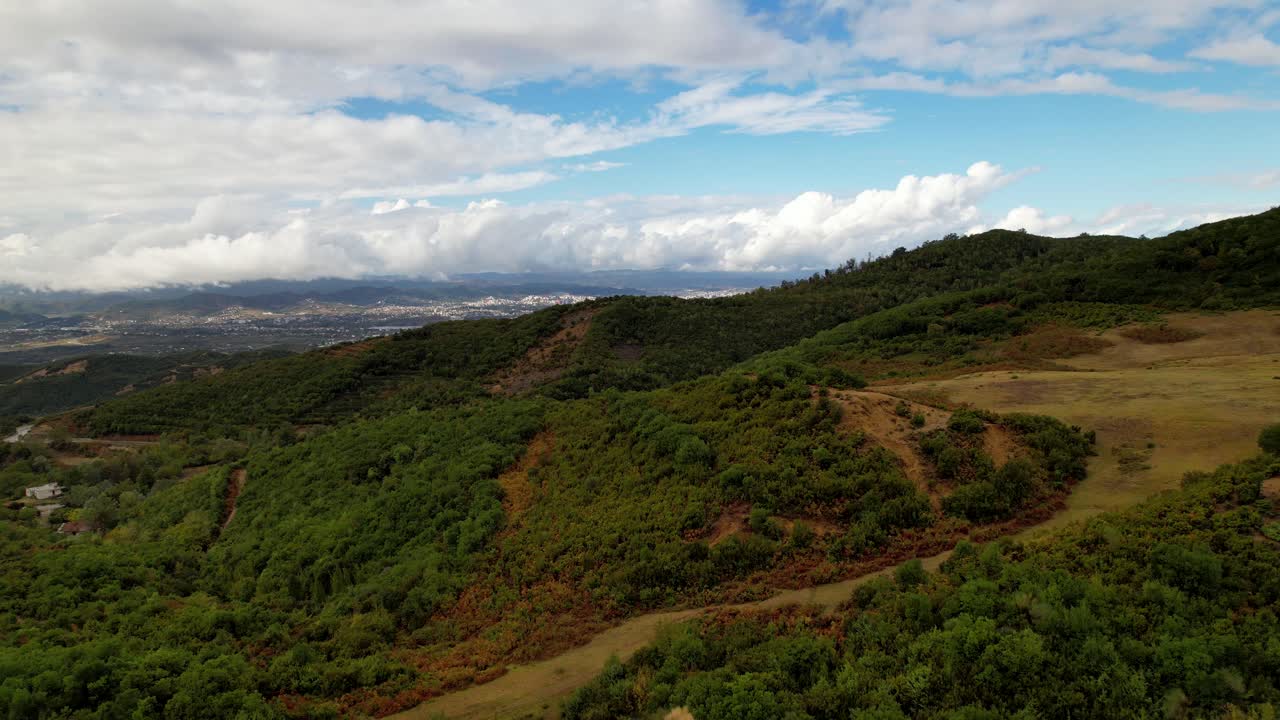 naturaleza y ciudad contrastando paisajes con árboles verdes y edificios blancos en un día nublado en otoño en tirana