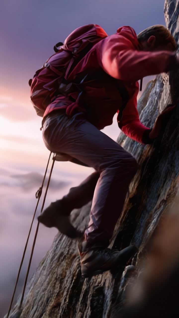 A daring climber ascends a rugged mountain cliff, showcasing determination and skill against a breathtaking backdrop of clouds and vibrant sunset hues