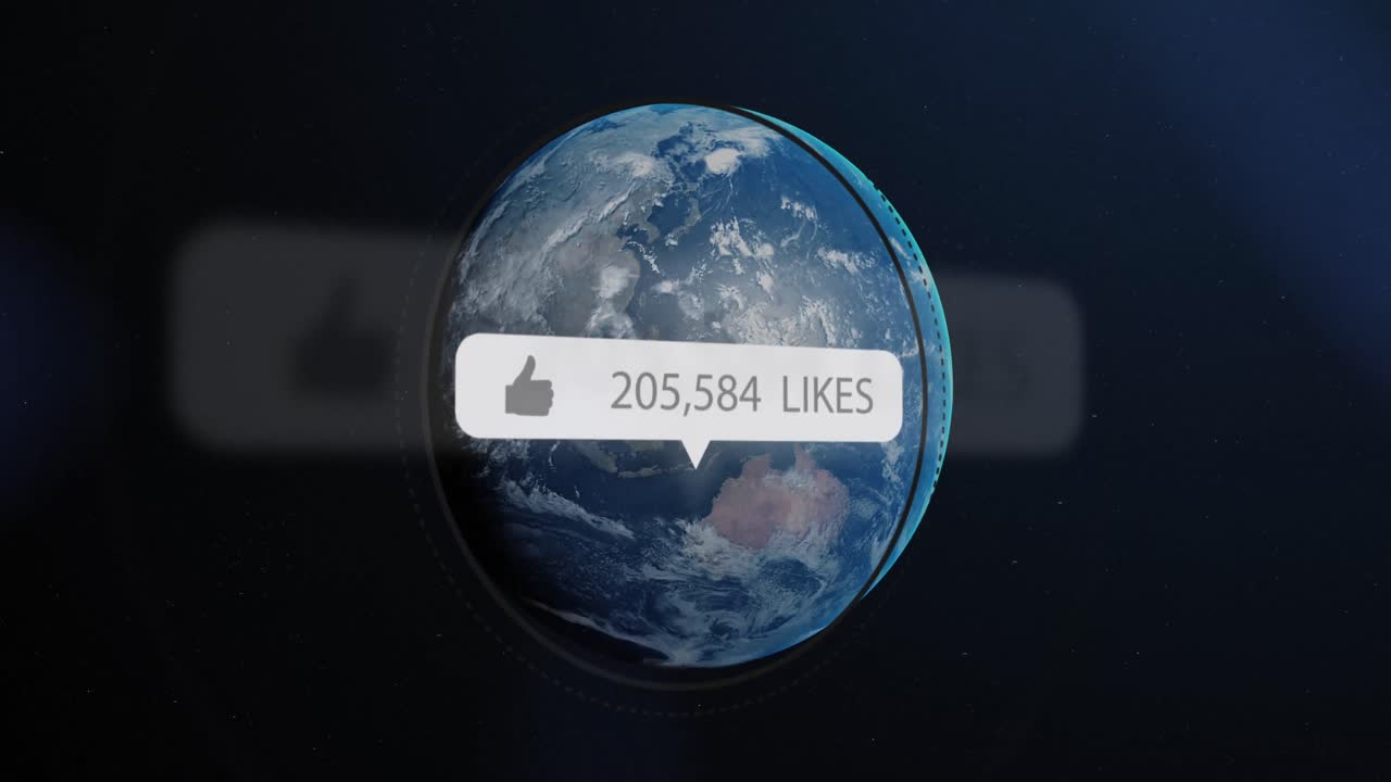 burbuja de habla con pulgares hacia arriba icono y números crecientes contra el globo sobre fondo negro