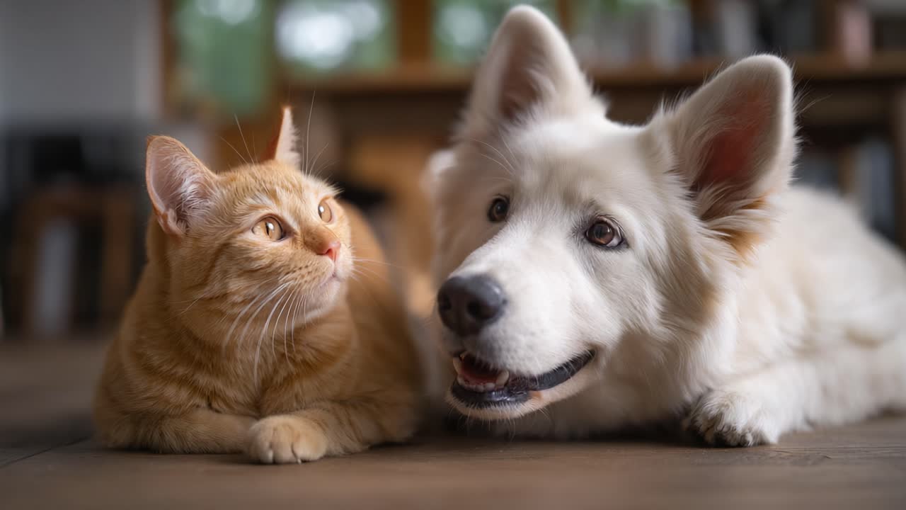 A Heartwarming Moment: An Orange Cat and a White Dog Sharing a Cozy Space Together, Highlighting Their Unlikely Friendship and Playful Bonding in a Living Room