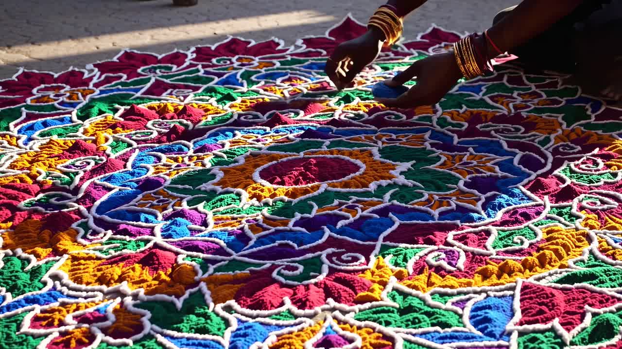 A vibrant, colorful rangoli design being crafted by hand