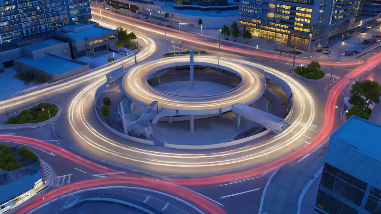 Night Traffic Roundabout with Light Trails in a Modern City