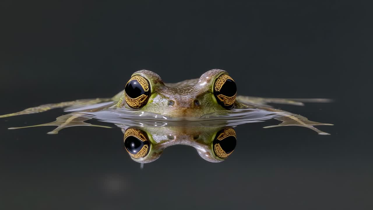 Breathing frog making tiny head adjustments at pond surface, creating concentric mirror ripples