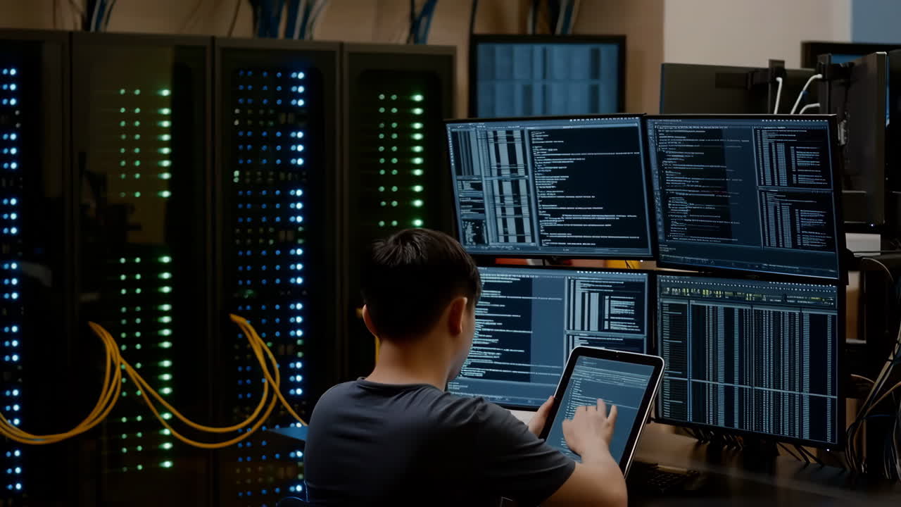 IT Professional Working in a Server Room with Multiple Monitors and Servers