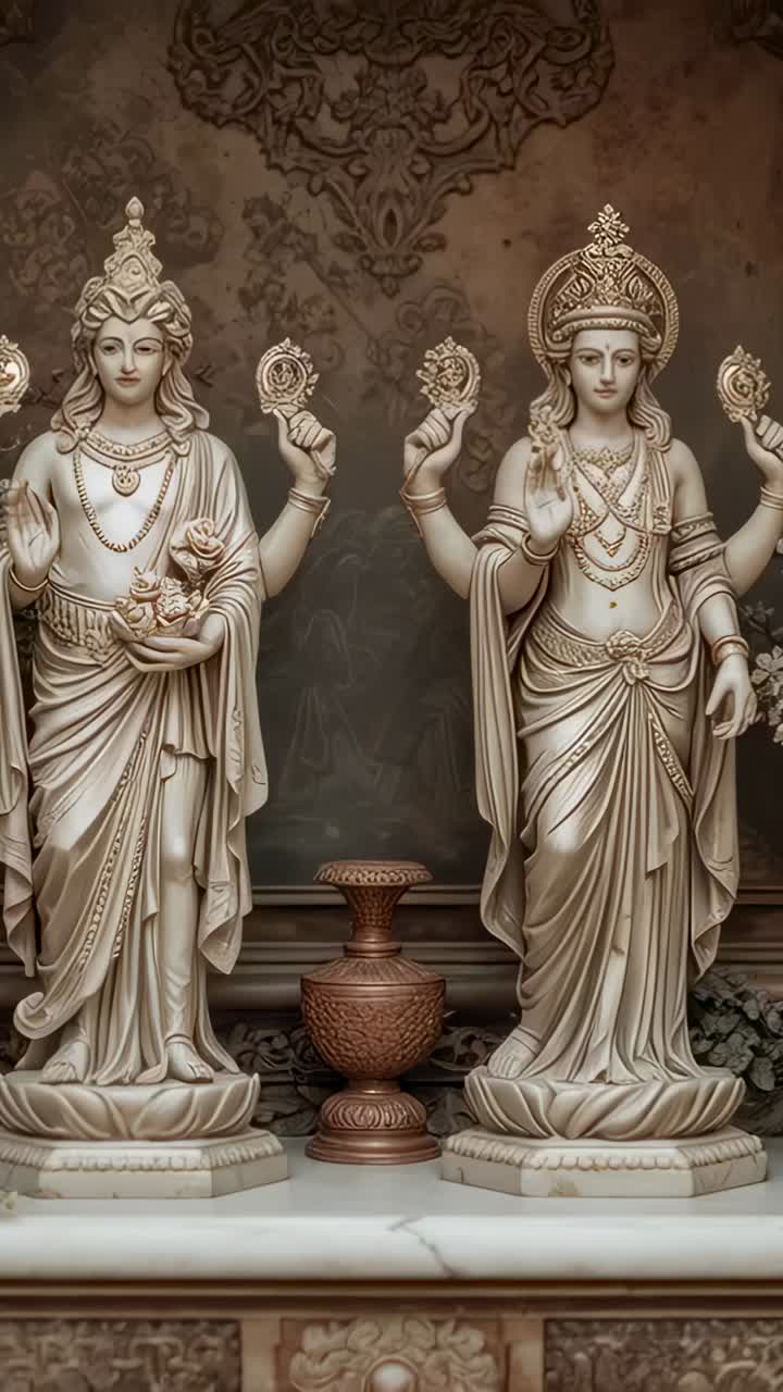Vertical video: Panning camera showing robed carved figures on altar, centering pair with vase