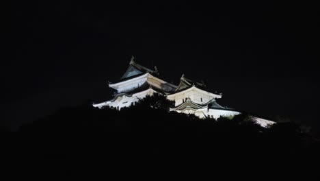 wakayama city castle at night, tilt establishing shot