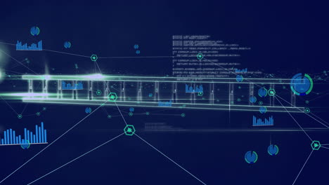 animation of dna strand spinning, statistics and data processing over blue background