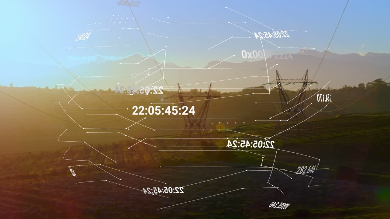 Animation of coordinates and connections over electricity poles at sunset
