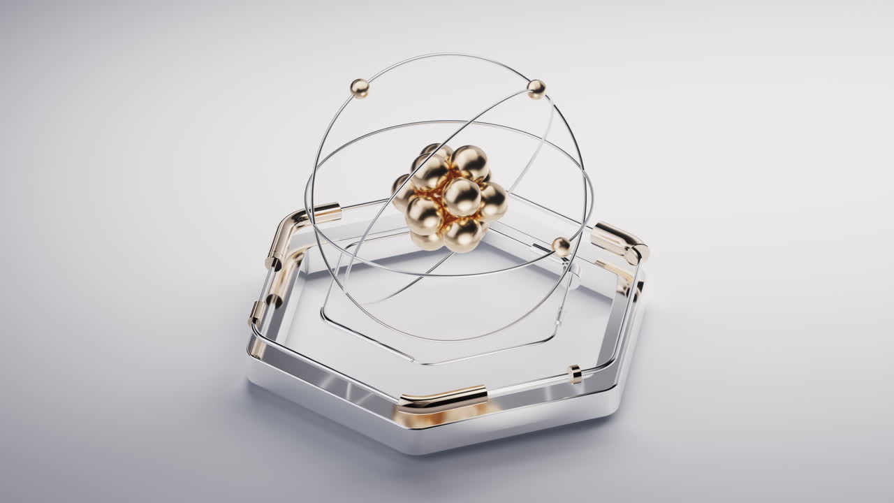 Golden atom on futuristic hexagon stage, 3d rendering