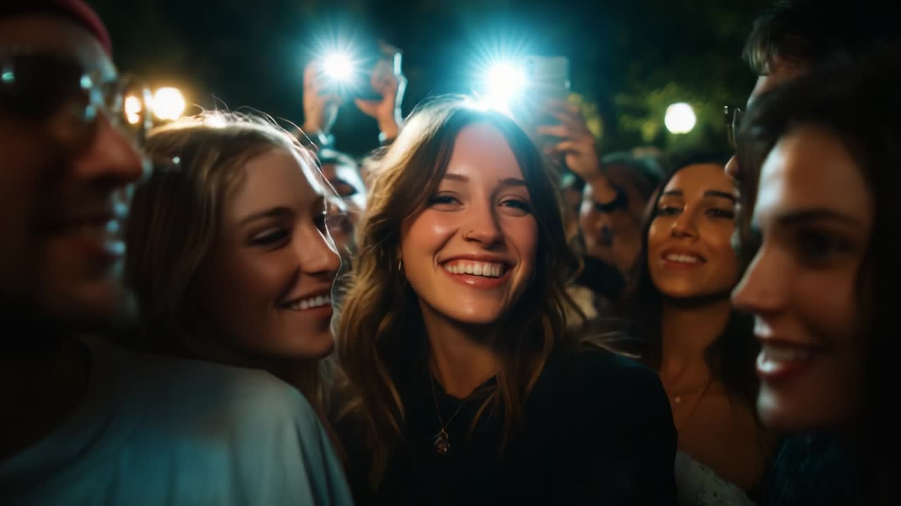 A Vibrant Gathering of Joyful Individuals Captured in Two Frames with Bright Flashing Lights, Renowned for Their Refreshing Smiles and Engaging Presence, Emanating a Spirit of Celebration and Togetherness