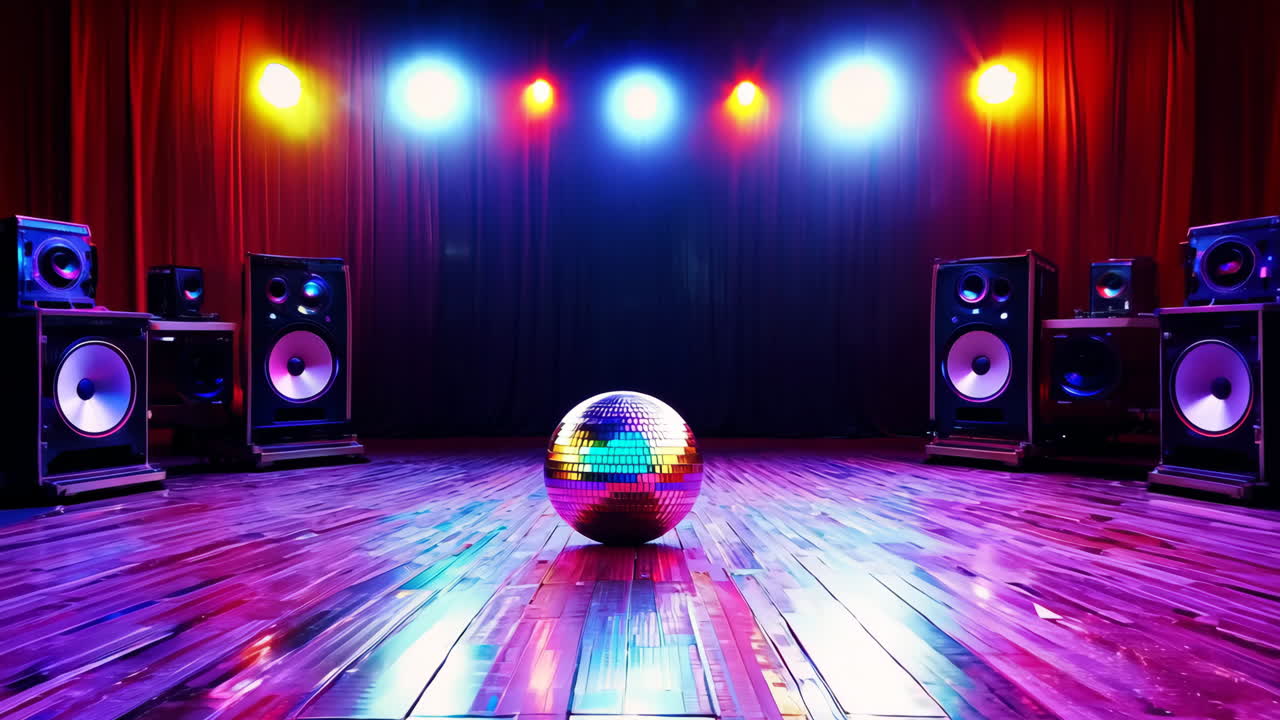 A disco ball is on a wooden floor in front of two speakers. The ball is surrounded by colorful lights and the speakers are black. Scene is energetic and fun, as it seems to be a party or a dance event