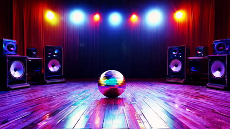 a disco ball is on a wooden floor in front of two speakers. the ball is surrounded by colorful lights and the speakers are black. scene is energetic and fun, as it seems to be a party or a dance event