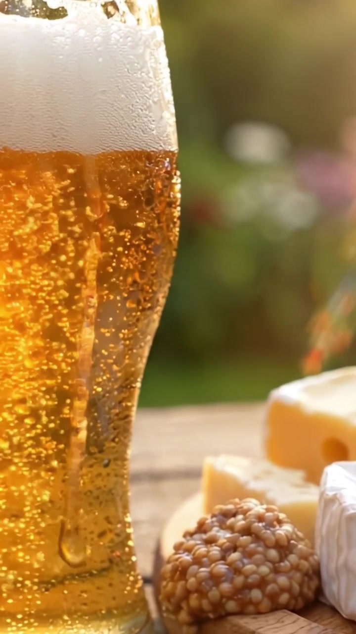 Um copo de cerveja dourada lindamente elaborado com espuma cremosa, acompanhado de uma variedade de queijos ricos e nozes, criando uma experiência perfeita de lanche gourmet na natureza.