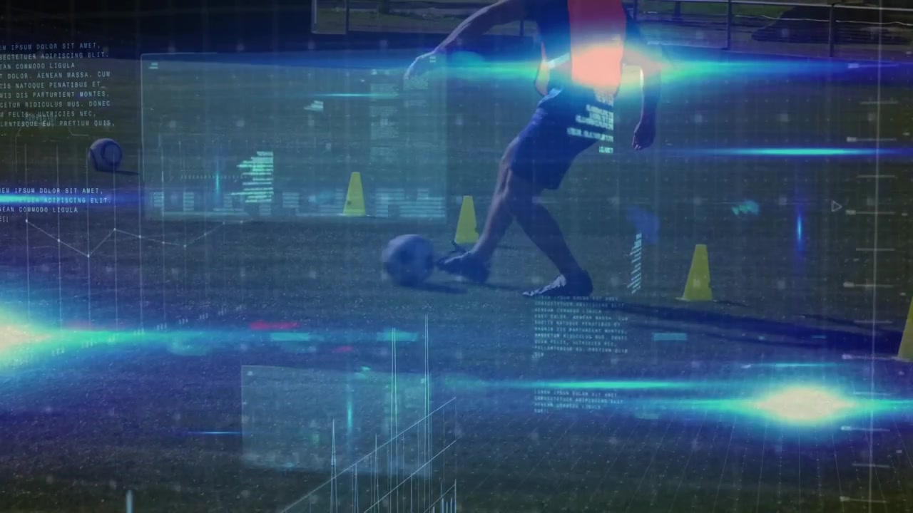 Blue spots of light and data processing against low section of male soccer player practicing
