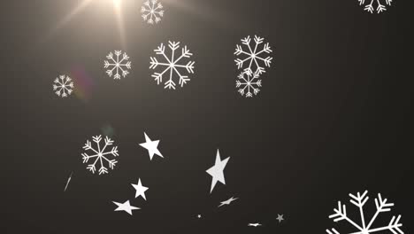 Animación-De-Estrellas-Navideñas-Y-Copos-De-Nieve-Cayendo-Sobre-Fondo-Negro