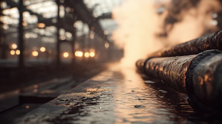 Industrielle Spiegelungen: Die Schönheit von Dampf und Wasser in einer vergessenen Werkstatt mit Rohren und einem Hauch von Sonnenlicht, das durch Glasstrukturen dringt, einfangen