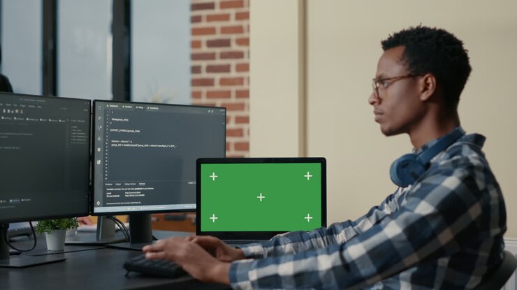 Software developer writing code using computer keyboard and laptop with green screen chroma key mockup