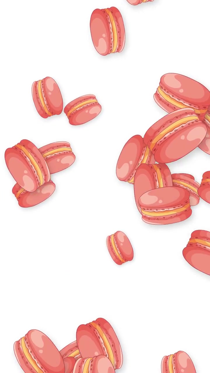 Colorful pink French macarons fall and bounce across a clean white vertical background.