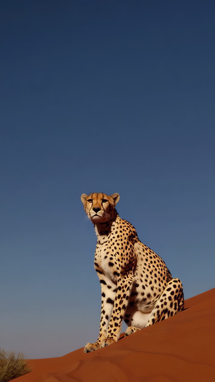 Cheetahs on Red Dunes Against Blue Sky